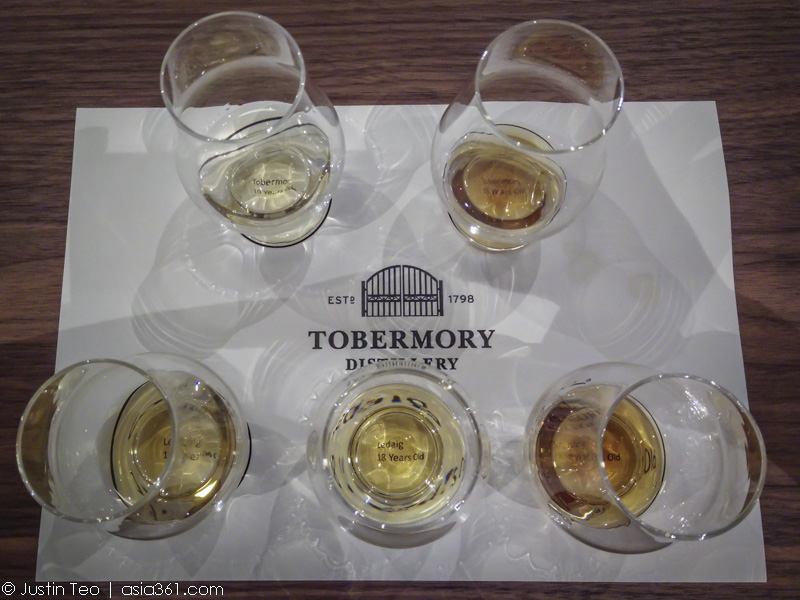 Clockwise from top left, Tobermory 10yo, Tobermory 15yo, Ledaig 42yo, Ledaig 18yo, Ledaig 10yo.