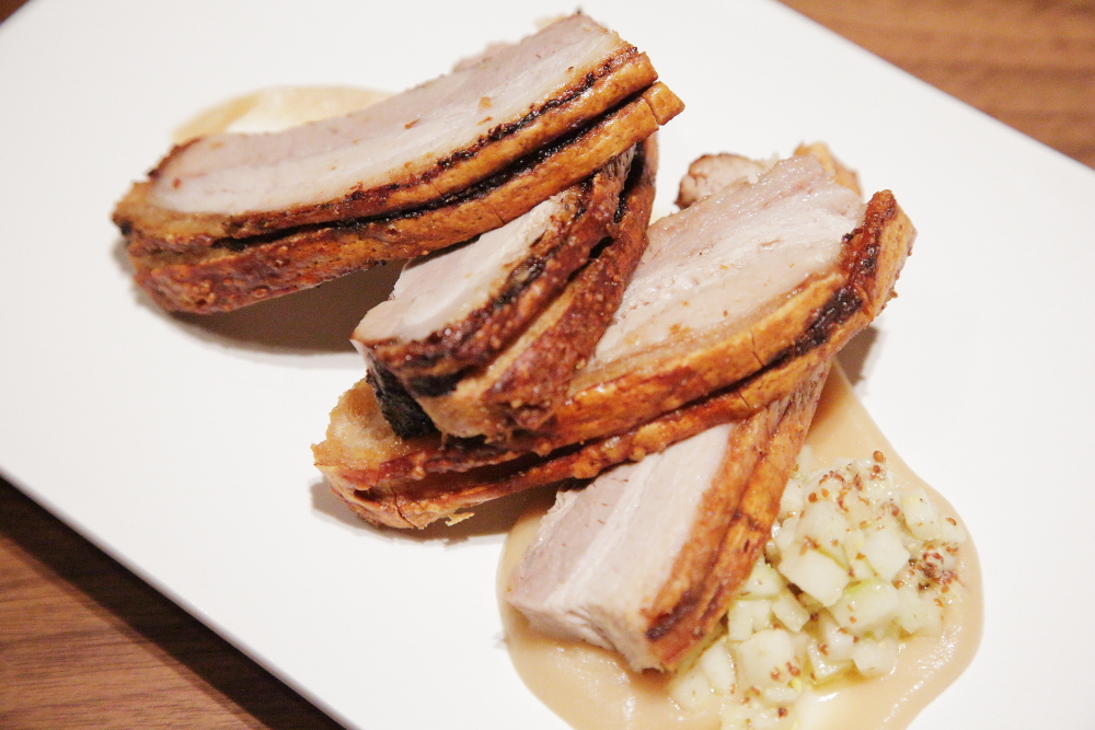 Slow-roasted Dingley Dell pork belly, spiced apple puree