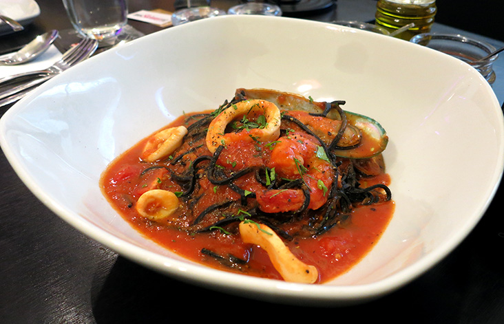 Squid ink Taglierini with Mixed seafood in Tomato Sauce, part of the create your own pasta, $20