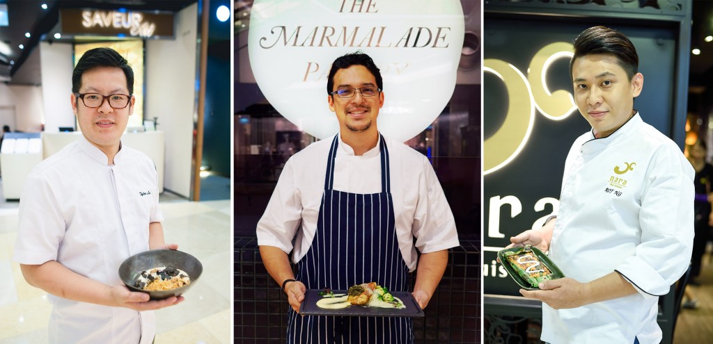 From left to right: Chef Roy Ng (Nara Thai), Chef Randy Torres (The Marmalade Pantry) and Chef Tyler Lai (Saveur Art). Photo courtesy of ION Orchard.