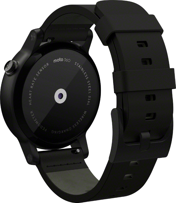 The optical heart-rate monitor on the rear of the Moto 360. This is the 42mm black case with black leather at S$479. 