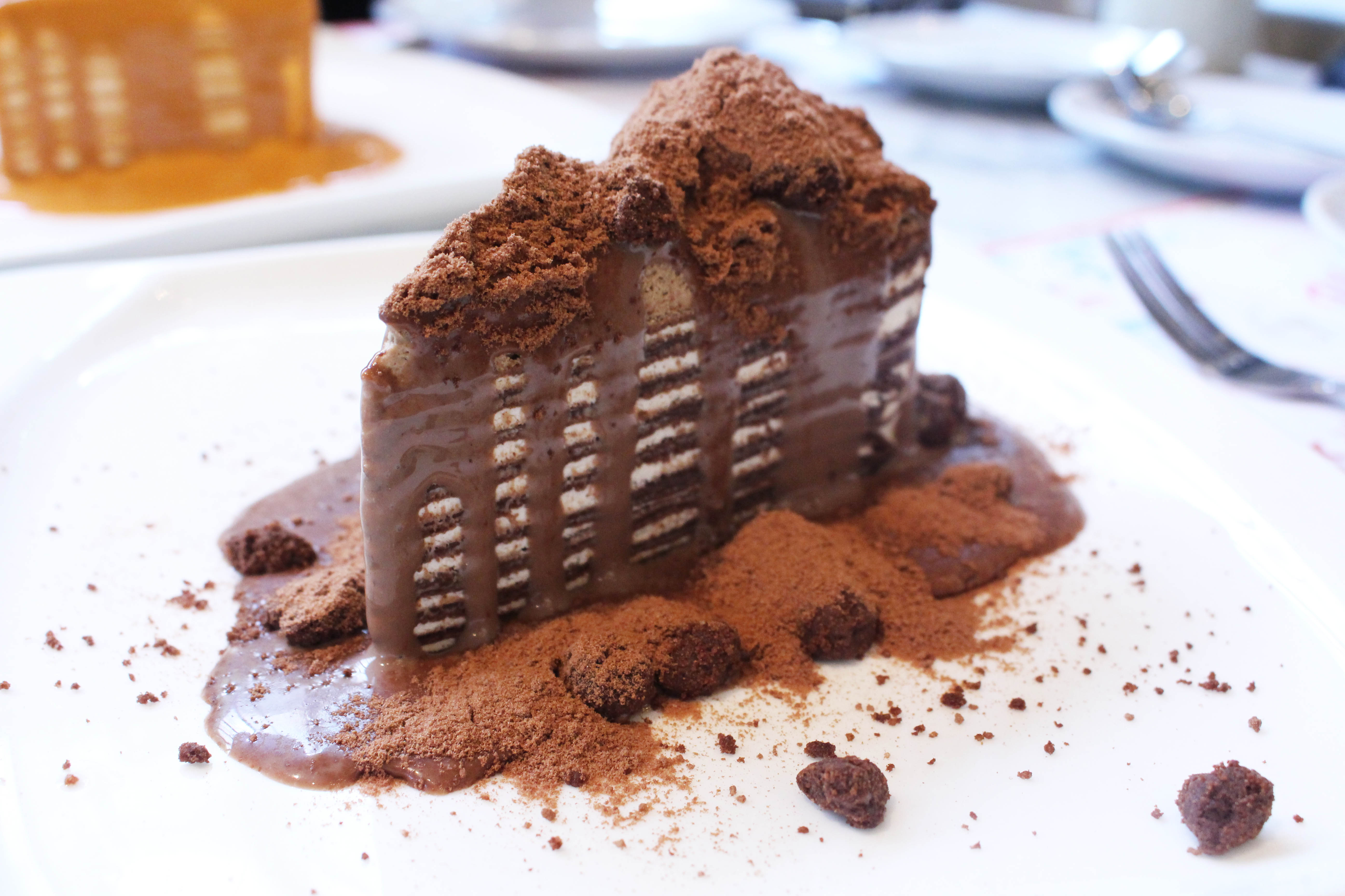Milo Volcano Crepe cake that is approximately 5SGD, at Audrey Cafe and Bistro