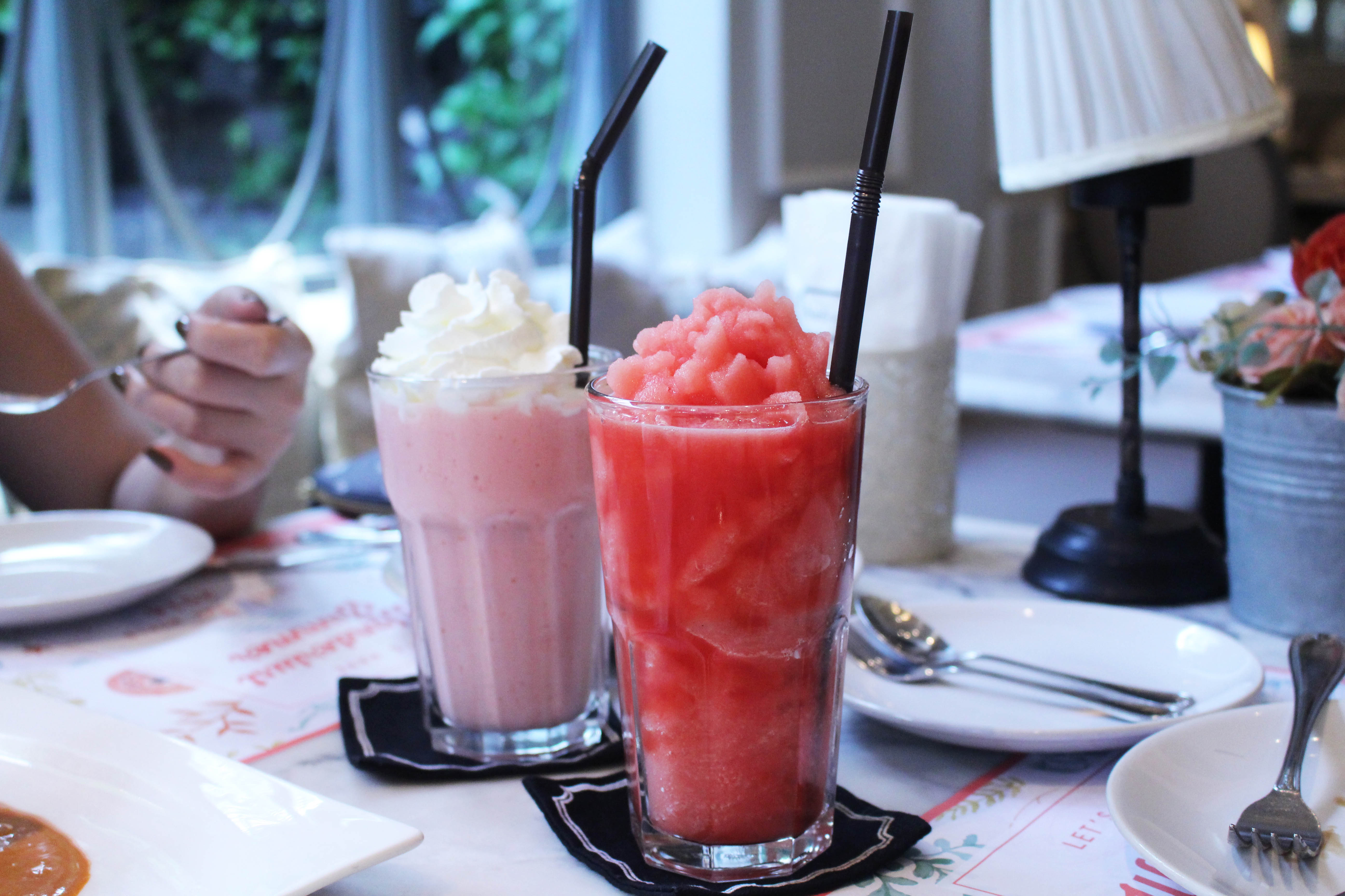 Rosy shake (approximately 5SGD) and watermelon ice blend (approximately 4SGD) that tasted as good as it looks, at Audrey Café and Bistro.