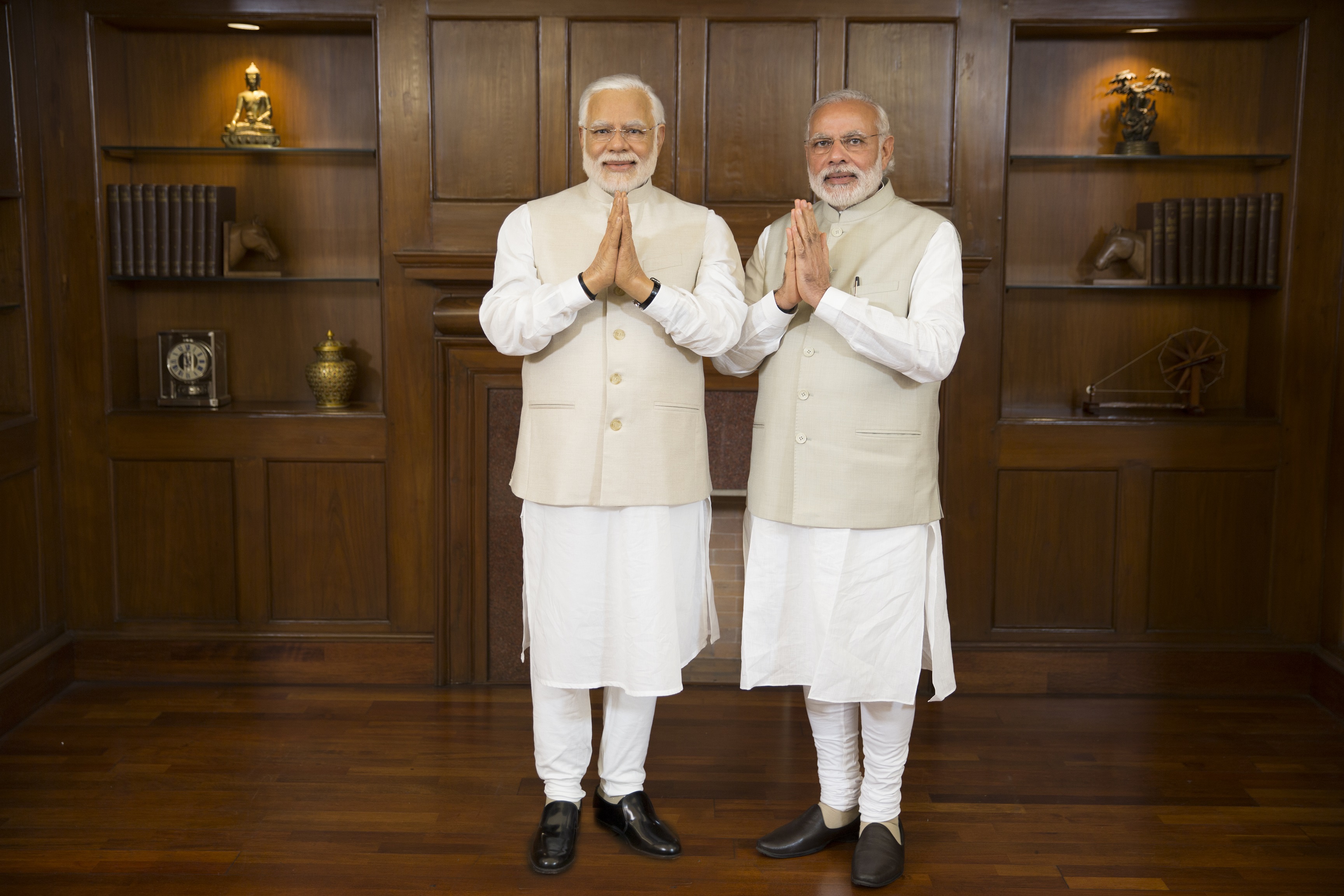 Side-by-side unveiling of Indian PM Narendra Modi’s Wax figure in New Delhi in April 2016